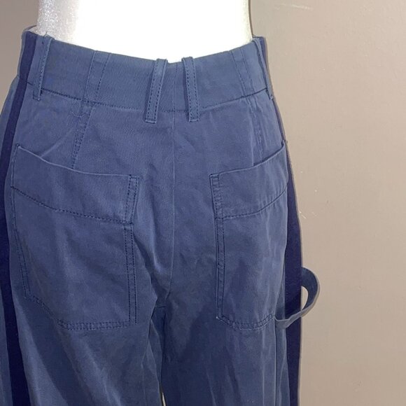 Zara Womens WBlue Canvas Pants Tuxedo Side Stripe Wide Carpenter Loop Leg Sz S - Picture 7 of 11